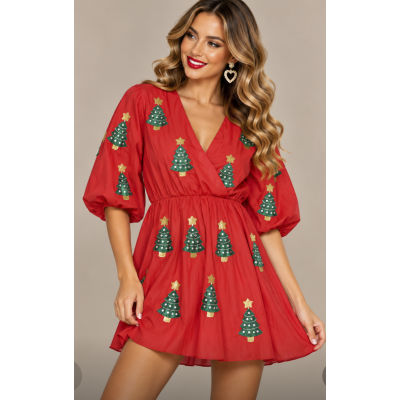 Sequin Dress - Christmas Red Cotton dress with Christmas Tree Embellishments (Size Small)